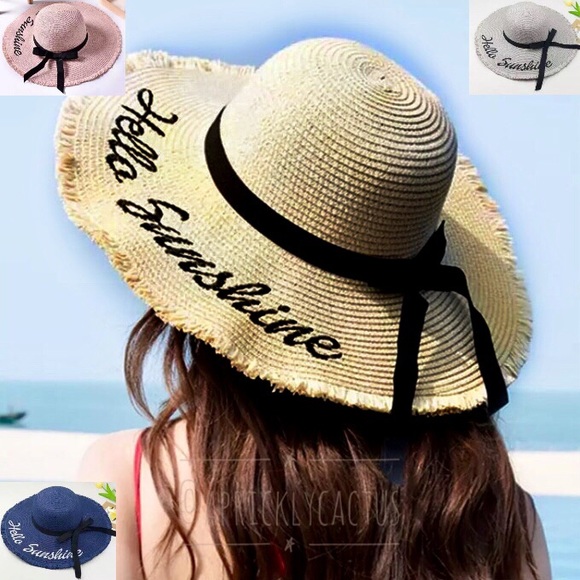 Hello Sunshine Embroidered Straw Beach Sun Hat New - Picture 1 of 8